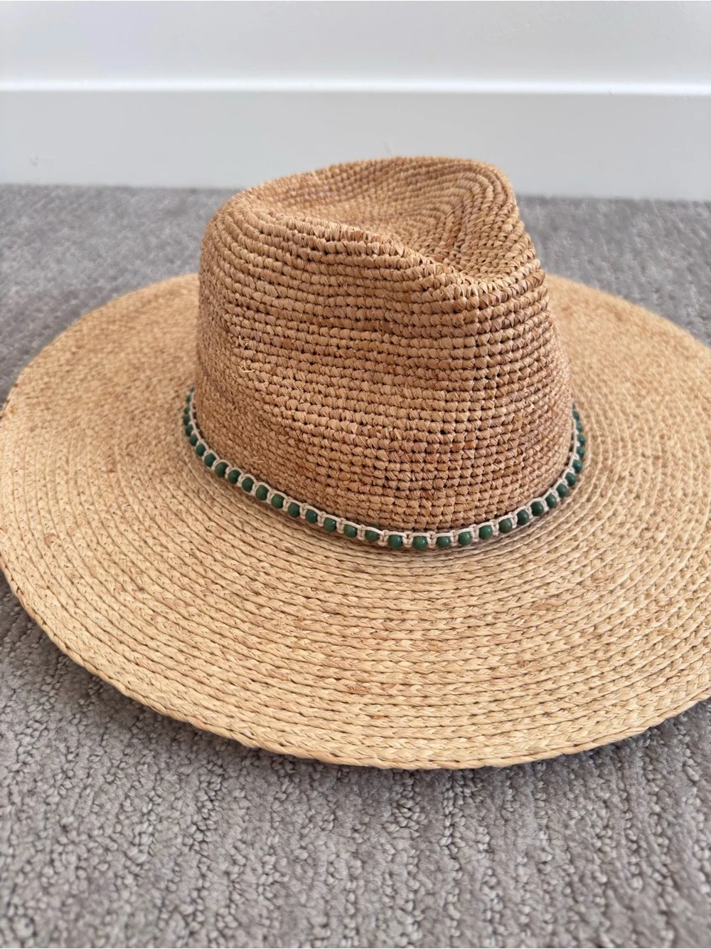 Coolibar Avery Raffia Fedora Hat UPF 50+ Wide Brim Beads Natural OS Coastal